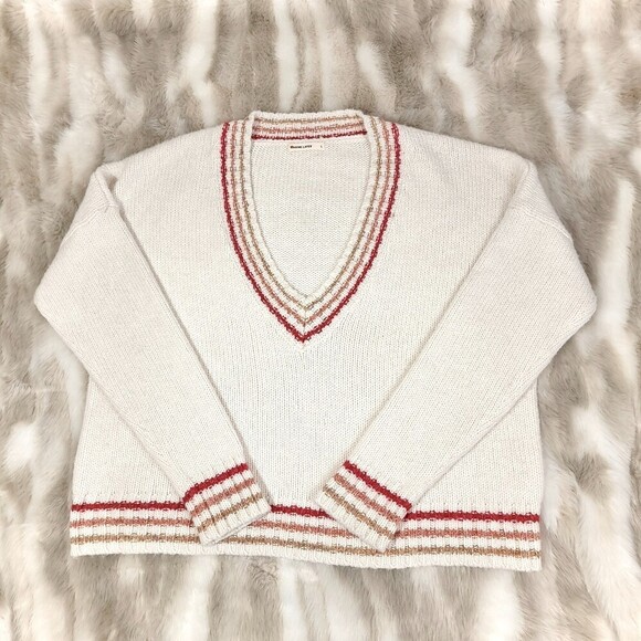MARINE LAYER Alpaca Wool Mohair Oversized Adalyn Stripe Trim VNeck Sweater Large
